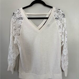 Daytrip Cream V-Neck Sweater with Lace Detail